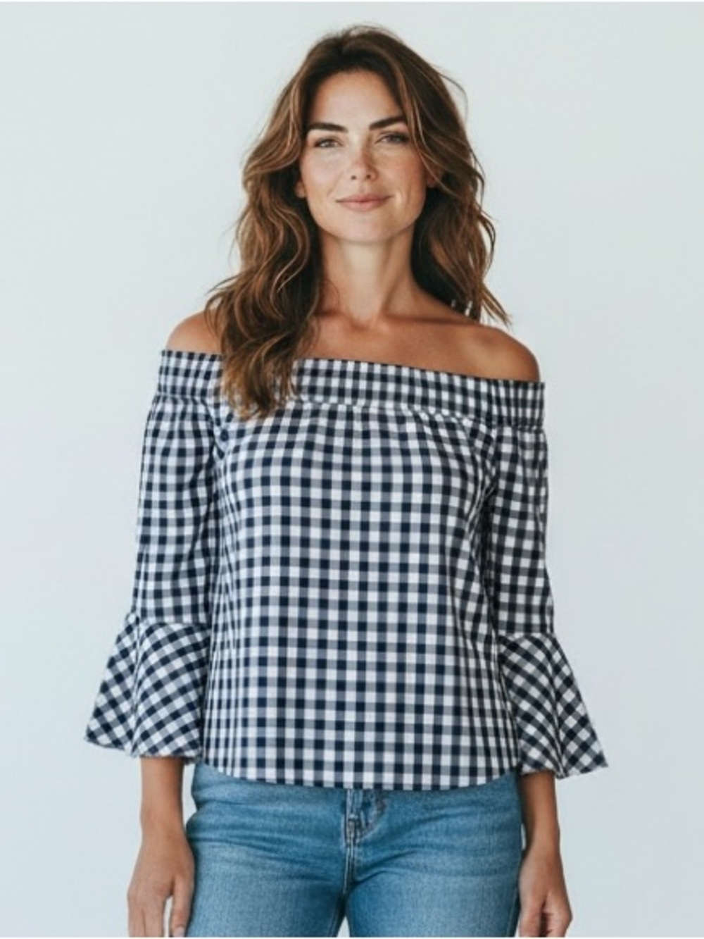 Off-Shoulder Blue and White Gingham Bell Sleeve Top